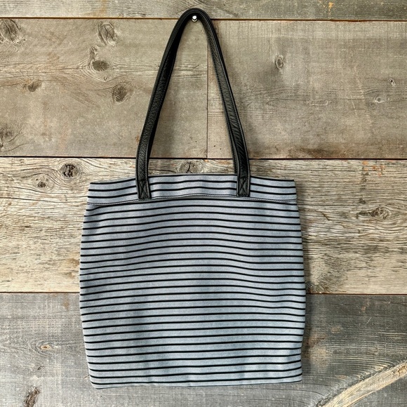 Nienkämper Black Grey Stripe Fabric Leather Handle Tote Bag Travel Commute Light - Picture 6 of 6